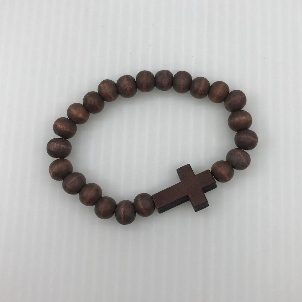 Dark Brown Wooden Lenten Beaded Cross Religious Stretch Bracelet - Picture 3 of 4